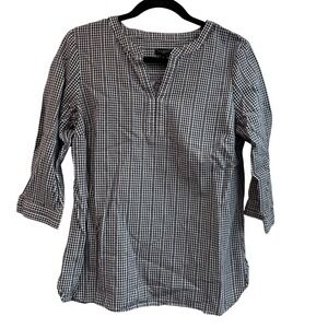 Talbots Petite Black White Gingham Check Split Neck Tunic Top Women's LP‎